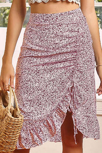 Floral Ruffled Ruched Midi Skirt