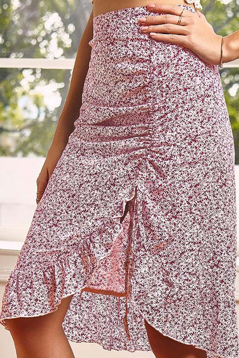 Floral Ruffled Ruched Midi Skirt